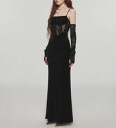 Lizakosht Sexy Bodycon Maxi Dress Women  Evening Party Prom Robe Wedding Vestidos Mujer Velvet Lace Patchwork Spaghetti Strap Slim Mermaid